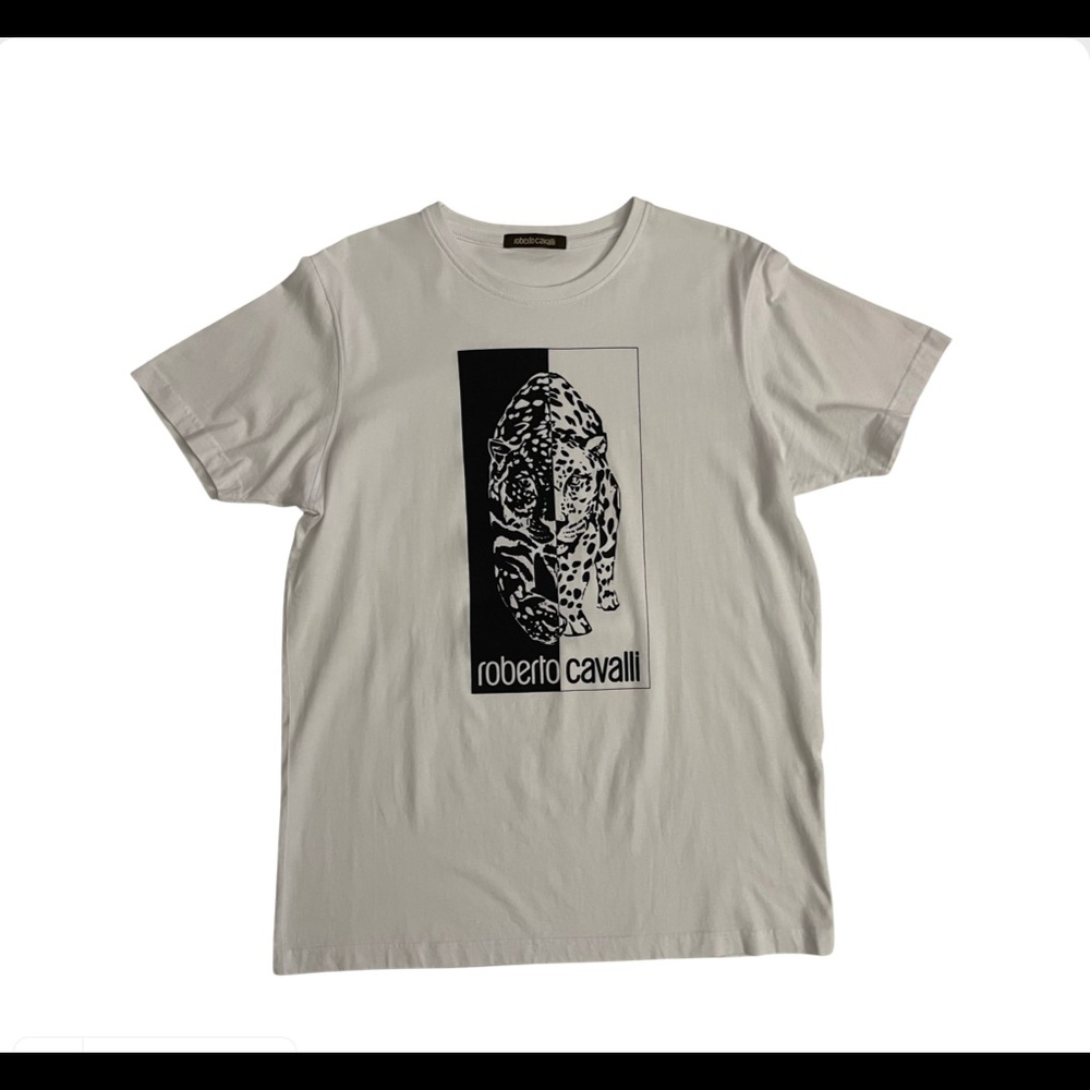 Roberto Cavalli Shirt Tee Leopard Graphic Logo Animal Crew Neck White Black